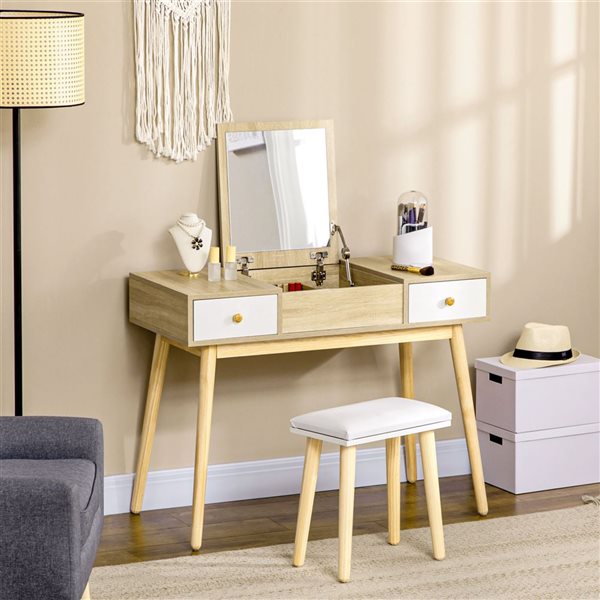 HomCom 39 W x 18 D x 47-in H Natural Engineered Wood Makeup/Dressing Table w/ Flip Top Mirror, Drawers and Stool