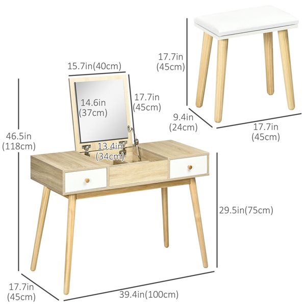 HomCom 39 W x 18 D x 47-in H Natural Engineered Wood Makeup/Dressing Table w/ Flip Top Mirror, Drawers and Stool