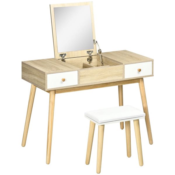 HomCom 39 W x 18 D x 47-in H Natural Engineered Wood Makeup/Dressing Table w/ Flip Top Mirror, Drawers and Stool