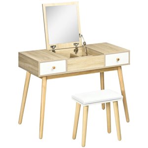 Coiffeuse en bois d'ingénierie HomCom avec miroir à rabat, tiroirs et tabouret 39 l. x 18 p. x 47 po h.