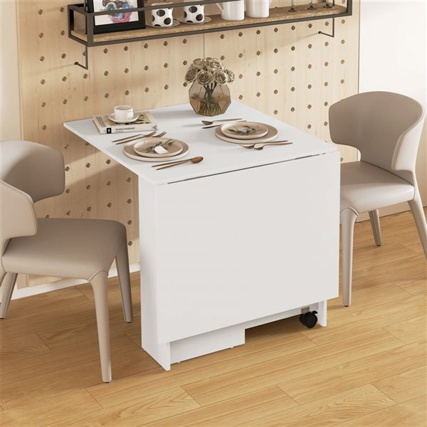 HomCom White Composite Rectangular Extendable Drop-Leaf Dining Table on Wheels w/ Centre Shelves