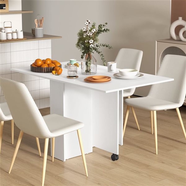 HomCom White Composite Rectangular Extendable Drop-Leaf Dining Table on Wheels w/ Centre Shelves