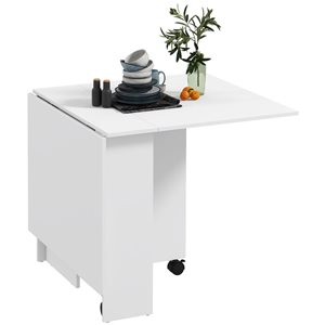 HomCom White Composite Rectangular Extendable Drop-Leaf Dining Table on Wheels w/ Centre Shelves