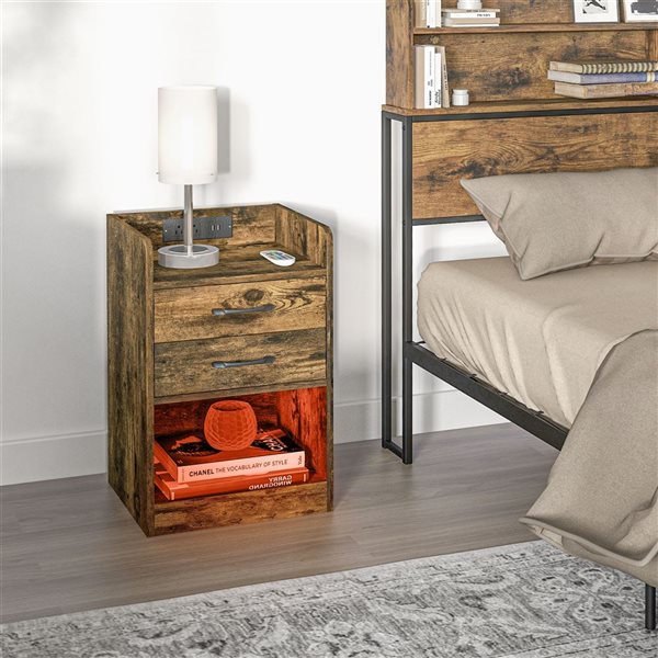 HomCom 16 W x 14 D x 25-in H 2-Drawer Brown Composite Nightstand w/ Charging Station and LED Light