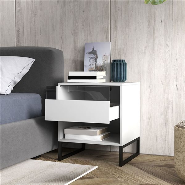 HomCom 19 W x 17 D x 22-in H White Composite Modern Nightstand w/ Charging Station, USB Ports, LED Light - Set of 2