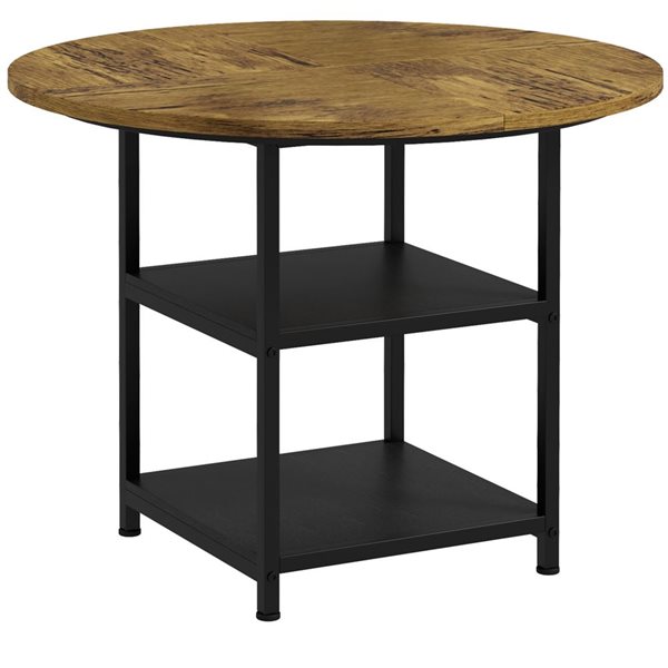 Table de cuisine industrielle ronde 39 po HomCom en MDF brun rustique avec pieds en acier noir et étagères de rangement