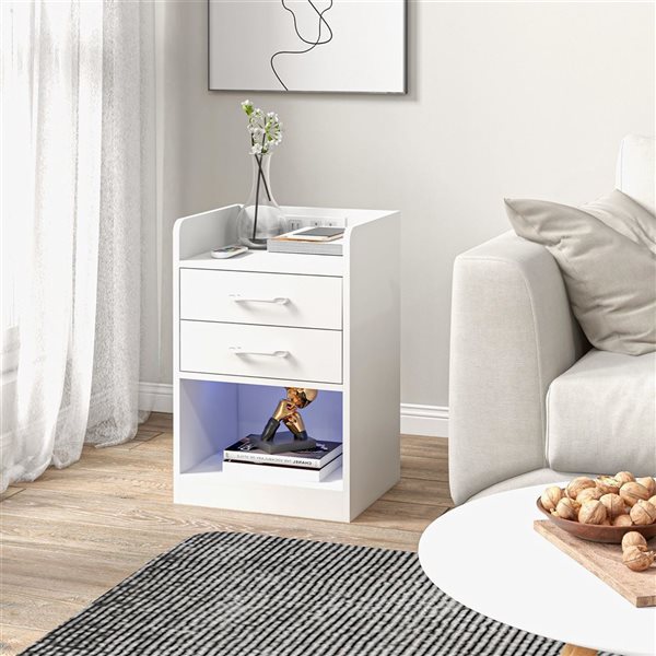 HomCom 16 W x 14 D x 25-in H 2-Drawer White Composite Nightstands w/ Charging Station and LED Light