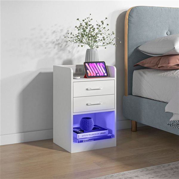 HomCom 16 W x 14 D x 25-in H 2-Drawer White Composite Nightstands w/ Charging Station and LED Light