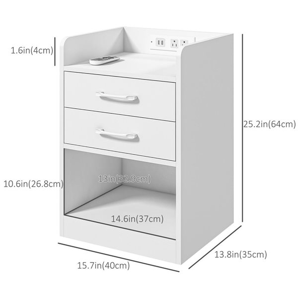 HomCom 16 W x 14 D x 25-in H 2-Drawer White Composite Nightstands w/ Charging Station and LED Light