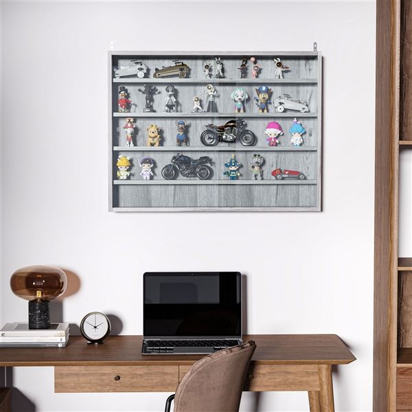 HomCom 5-Tier Grey Particleboard Wall-Mounted Display Cabinet w/ 2 Glass Doors and Adjustable Shelves