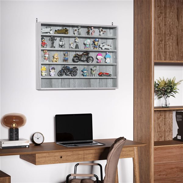 HomCom 5-Tier Grey Particleboard Wall-Mounted Display Cabinet w/ 2 Glass Doors and Adjustable Shelves