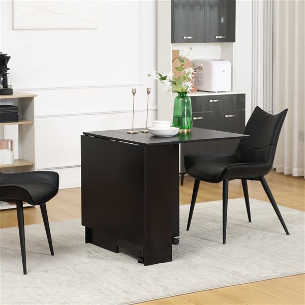 HomCom Black Composite Rectangular Extendable Drop-Leaf Dining Table on Wheels w/ Centres Shelves