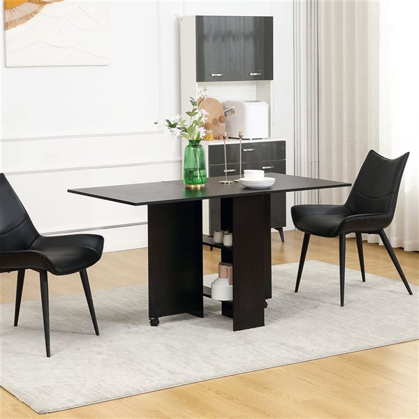 HomCom Black Composite Rectangular Extendable Drop-Leaf Dining Table on Wheels w/ Centres Shelves