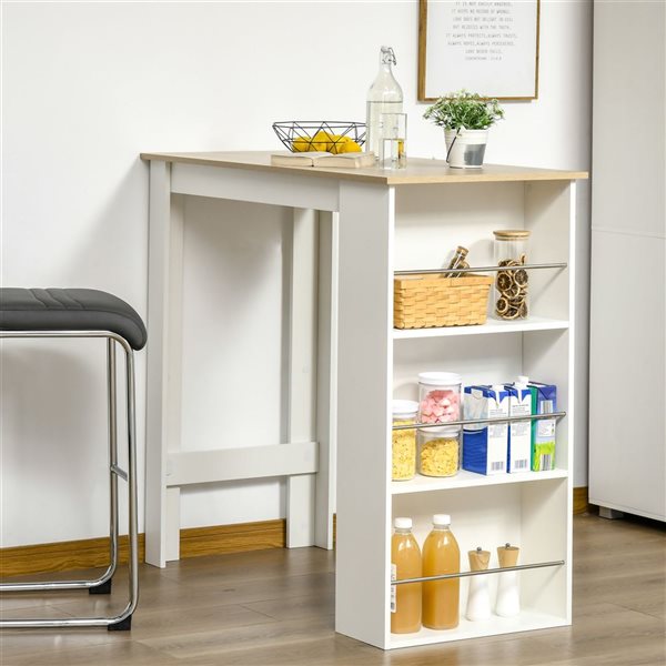 Table de bar rectangle fixe HomCom en composite blanc/bois à hauteur de comptoir avec 3 tablettes de rangement