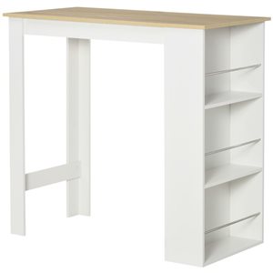 HomCom White/Wooden Look Composite Rectangular Fixed Counter Height Bar Table w/ 3 Storage Shelves