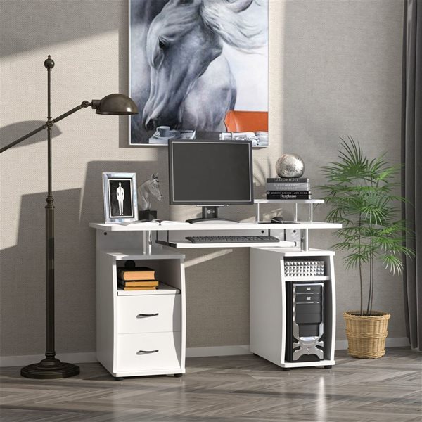 Bureau d'ordinateur en composite blanc HomCom avec support de clavier, de tour et tiroirs,  47 l. x 22 p. x 29 po h.