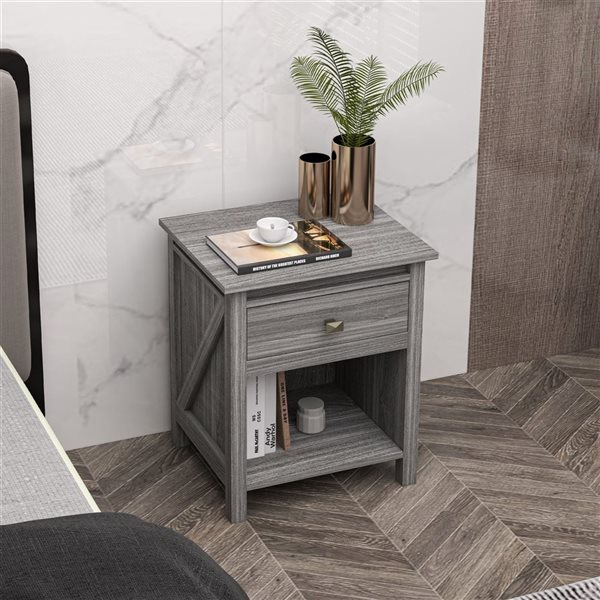 HomCom 19 W x 16 D x 23-in H Grey Composite Farmhouse-Style Nightstand w/ Drawer and Shelf