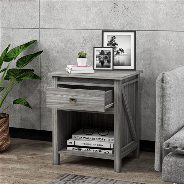 HomCom 19 W x 16 D x 23-in H Grey Composite Farmhouse-Style Nightstand w/ Drawer and Shelf