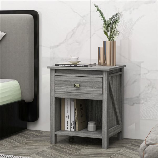 HomCom 19 W x 16 D x 23-in H Grey Composite Farmhouse-Style Nightstand w/ Drawer and Shelf