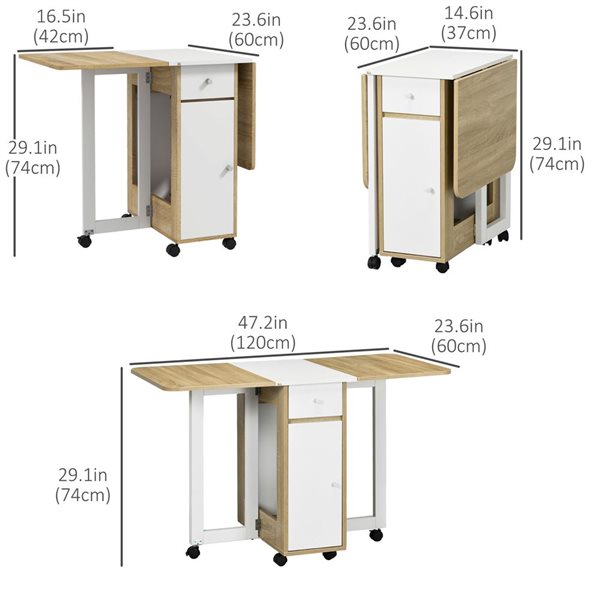 Table de cuisine rectangle à rallonges HomCom blanc/bois naturel en composite à roulettes avec tiroirs et armoire