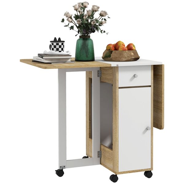 HomCom White/Wooden Look Composite Rectangular Extendable Drop Leaf Dining Table on Wheels w/ Drawers and Cabinet