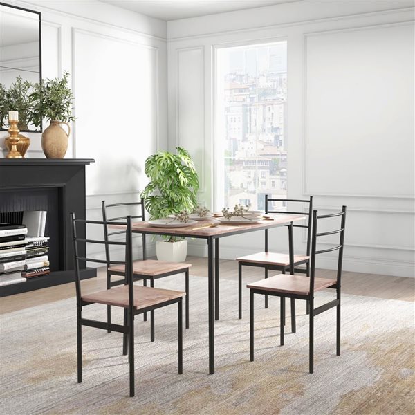 HomCom 5-Piece Black Metal/ Veneered MDF Dining Table Set - Natural Colour