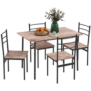 HomCom 5-Piece Black Metal/ Veneered MDF Dining Table Set - Natural Colour