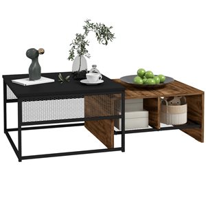 HomCom 24 W x 24 D x 15-in H Black Metal/Walnut Composite Industrial Nested Tables w/ Storage Mesh Shelves