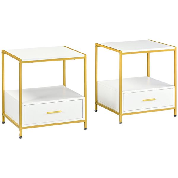 Tables de nuit moderne blanches et dorées HomCom avec tiroir et tablette 20 l. x 16 p. x 22 po h., ensemble de 2