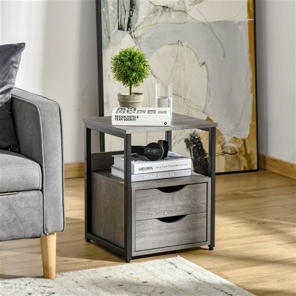 HomCom 16 W x 14 D x 19-in H Black Metal/Grey Composite Industrial-Style End Table/Nightstand w/ 2 Drawers and Shelf