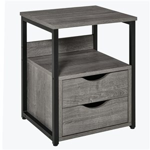 Table d'appoint/de nuit HomCom en métal noir/composite gris, 16 l. x 14 p. x 19 po h., avec 2 tiroirs et une étagère