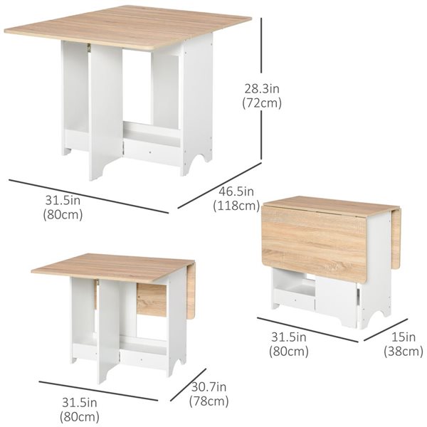 Table de cuisine rectangulaire à rallonges HomCom blanc/bois naturel en composite à roulettes avec étagères centrales