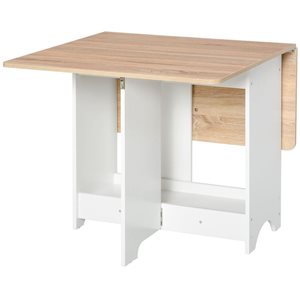 HomCom White/Natural Wooden Look Composite Rectangle Drop-Leaf Dining Table w/ Storage Shelf