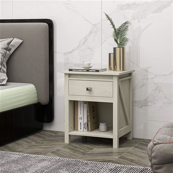 HomCom 19 W x 16 D x 23-in H Cream Composite Farmhouse-Style Nightstand w/ Drawer and Shelf