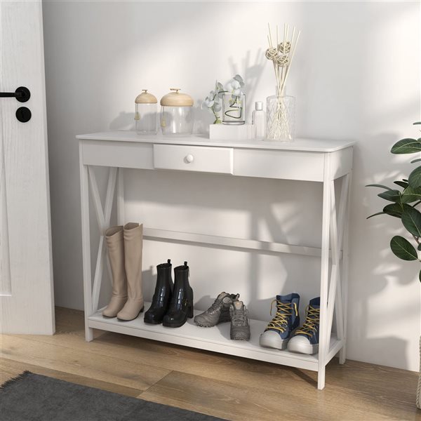 HomCom 39 W x 12 D x 32-in H Composite Entryway Narrow Console Table with Drawer and Storage Shelf - White