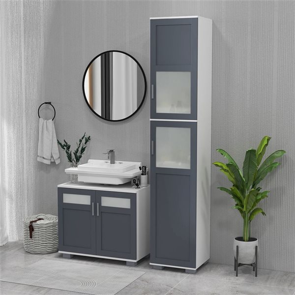 kleankin Tall Bathroom Cabinet with 2 Cupboards - Matte Glass Doors