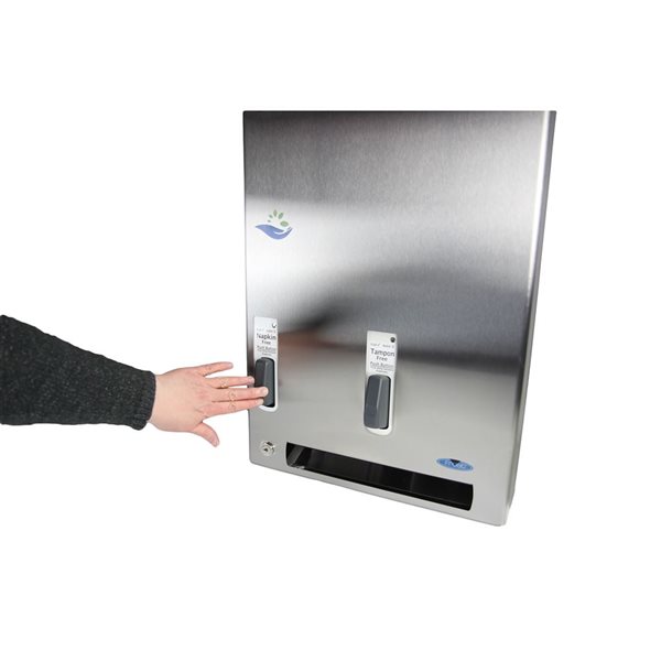 Retail Dispenser of Free Tampon and Sanitary Napkins with Push Button - Stainless Steel