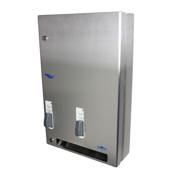 Retail Dispenser of Free Tampon and Sanitary Napkins with Push Button - Stainless Steel