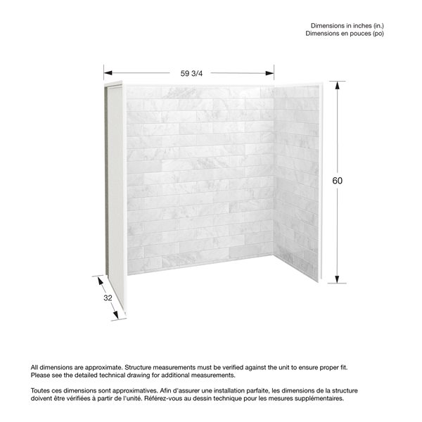 Maax Utile Marble Carrara Composite Direct-to-Stud Three-Piece Tub Wall Kit