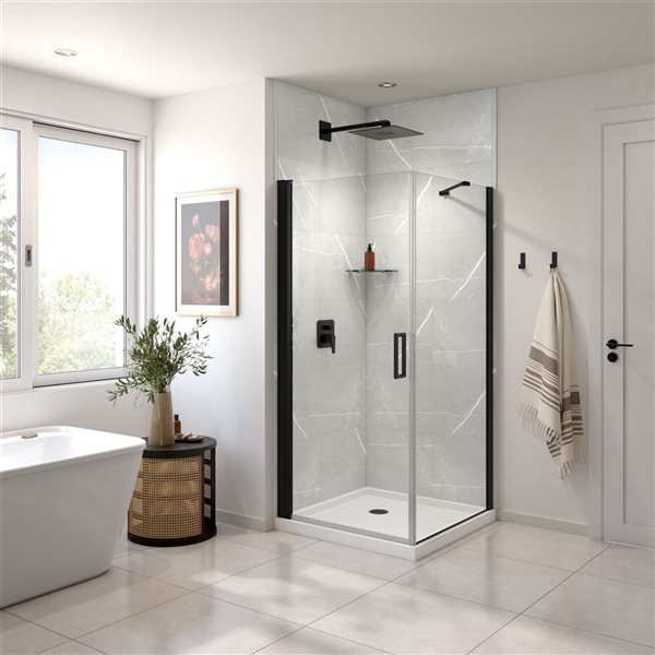 Maax Manhattan Square Shower Enclosure with Matte Black Round Handle and White Roka Shower Base