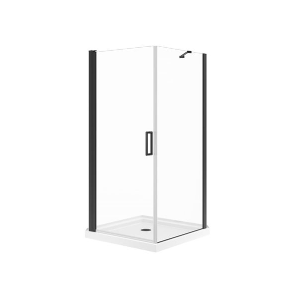 Maax Manhattan Square Shower Enclosure with Matte Black Round Handle and White Roka Shower Base