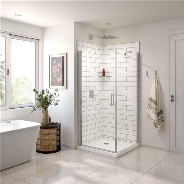 Maax Manhattan Square Shower Enclosure with Chrome Round Handle and White Roka Shower Base