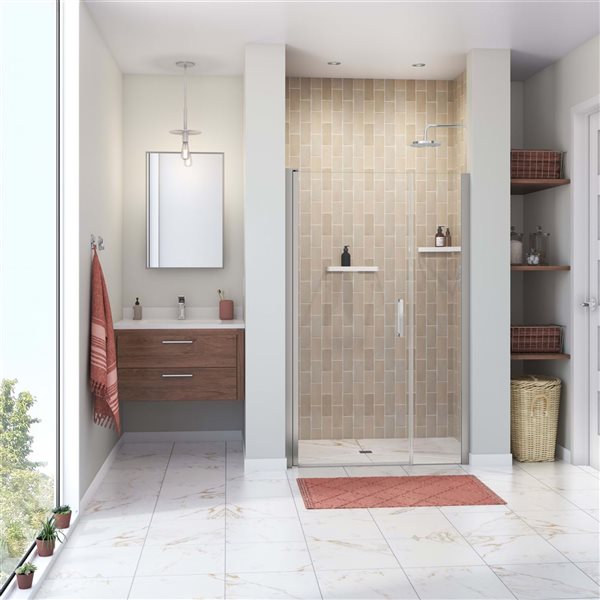 Maax Manhattan 45-47 x 68 in 6 mm Chrome Pivot Shower Door for Alcove Installation with Clear Glass & Round Handle