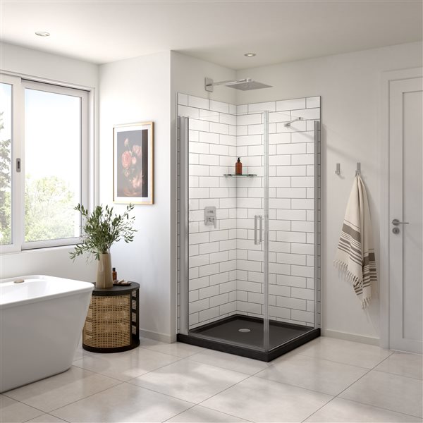 Maax Manhattan 3636 Square Shower Enclosure with Chrome Round Handle and Black Roka Shower Base