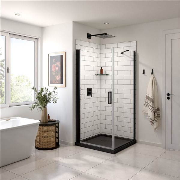 Maax Manhattan 3636 Square Shower Enclosure with Matte Black Round Handle and Black Roka Shower Base