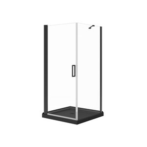 Maax Manhattan 3636 Square Shower Enclosure with Matte Black Round Handle and Black Roka Shower Base