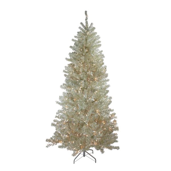 Northlight 7-ft Metallic Platinum Artificial Tinsel Christmas Tree with Clear Lights