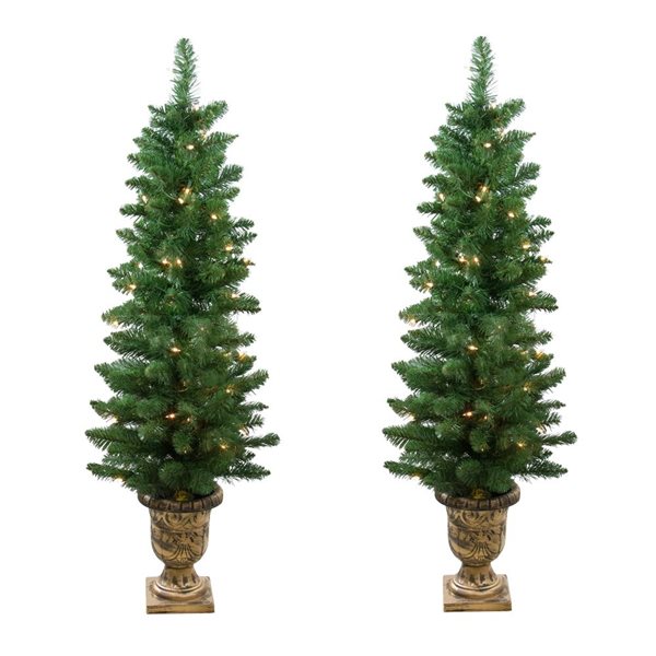 Northlight Set of 2 4-ft Pre-Lit Whitmire Pine Potted Artificial Christmas Trees with Clear Lights