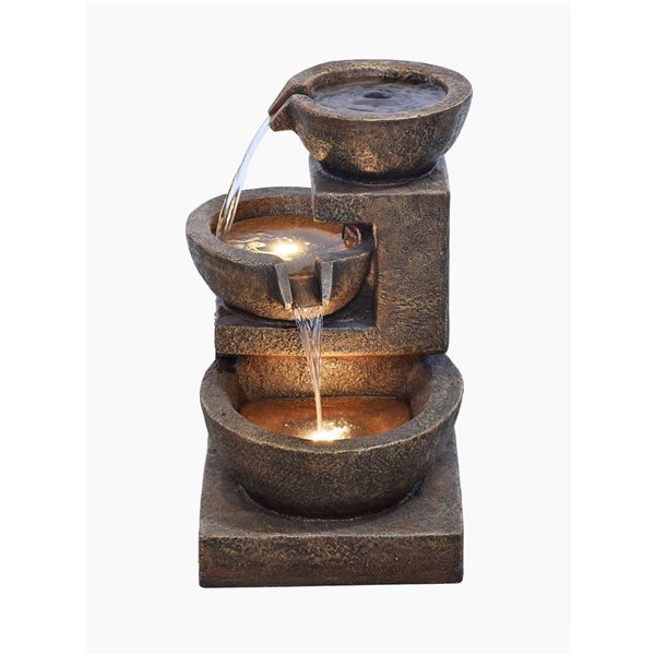 Hi-Line Gift Ltd 14 W x 16 D x 24-in H Brown Resin Modern Plug-In Cascading Bowl Fountain w/ LED Lights