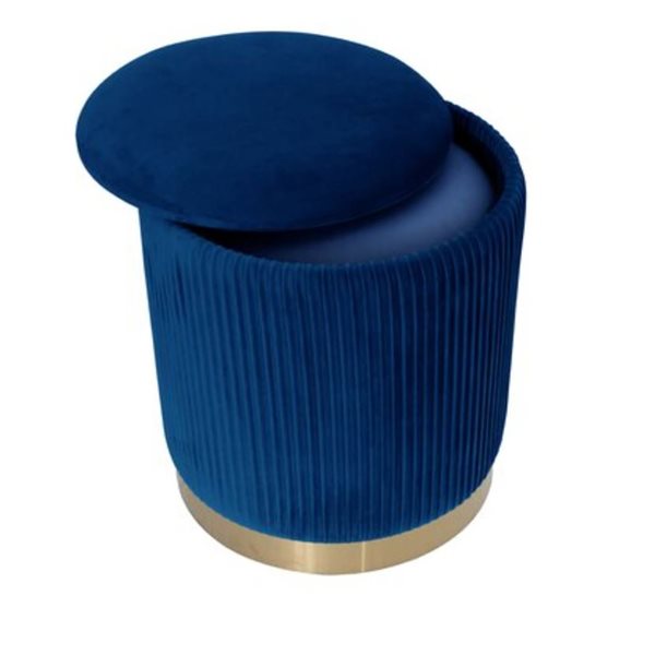 Hi-Line Gift Ltd Navy Blue Velvet Tufted Round Storage Ottoman with Gold Base